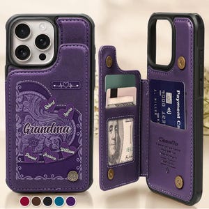 May include: Purple leather phone case with a wallet feature. The case has a floral design with the word "Grandma" and names like Robert, Laura, Daniel, Jessica, and William. It includes card slots and a snap closure.