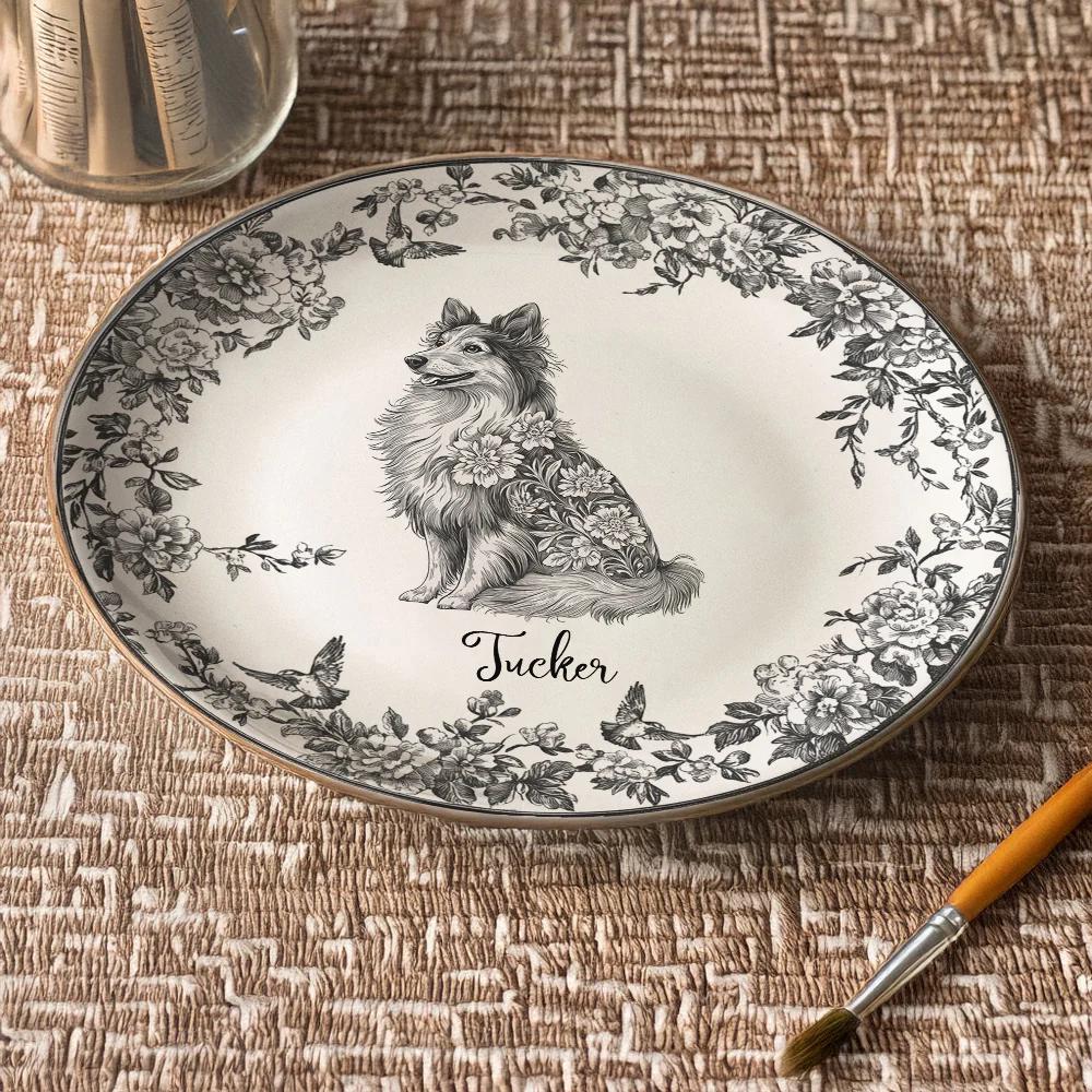 Custom Dog Breeds Chinoiserie Toile De Jouy Style Personalized Ceramic Plate, Gift For Birthday, Family Members, Dog Lovers