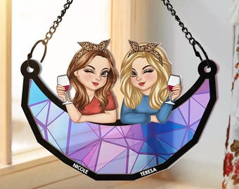 Besties Best Friends Schwestern zusammen Personalisierte Fenster hängen Suncatcher Ornament, personalisierte Verzierung 2024, Freund Ornament Geschenke
