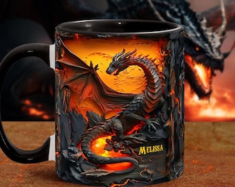 Taza de cerámica personalizada con detalles de dragón Love Dragons, taza para amantes de los dragones, taza de café de dos tonos con dragones volcánicos, regalo para lectores de libros de fantasía 2025