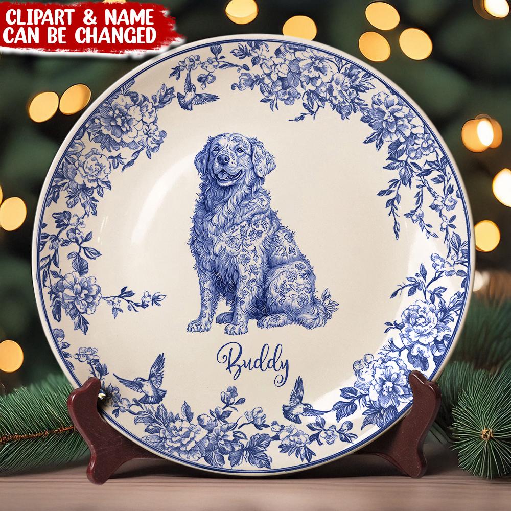 Custom Dog Breeds Chinoiserie Toile De Jouy Style Personalized Ceramic Plate, Gift For Birthday, Family Members, Dog Lovers