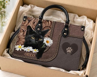 Personalized Black Cat Leather Handbag For Women, Custom Pet Portrait Tote Bag, Cat PU Leather Bag, Cat Mom Gift, Cat Gift 2026