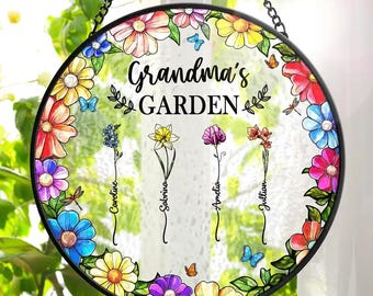 Floral Frame Birth Flower Grandma's Garden, Personalized Stained Glass Window Hanging Suncatcher, Mother's Day Gift, Birth Flower Gifts