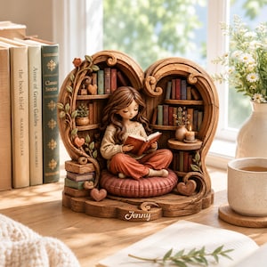 May include: A decorative wooden-style figurine featuring a girl with long brown hair reading a book while sitting on a round cushion. The structure is shaped like a heart with built-in shelves filled with miniature books and the name Jenny engraved.
