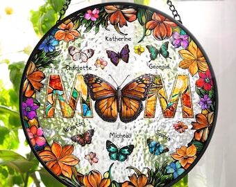 Atrapasueños colgante de vitral personalizado "Te amamos mamá", regalo para el Día de la Madre, regalo de flores de nacimiento