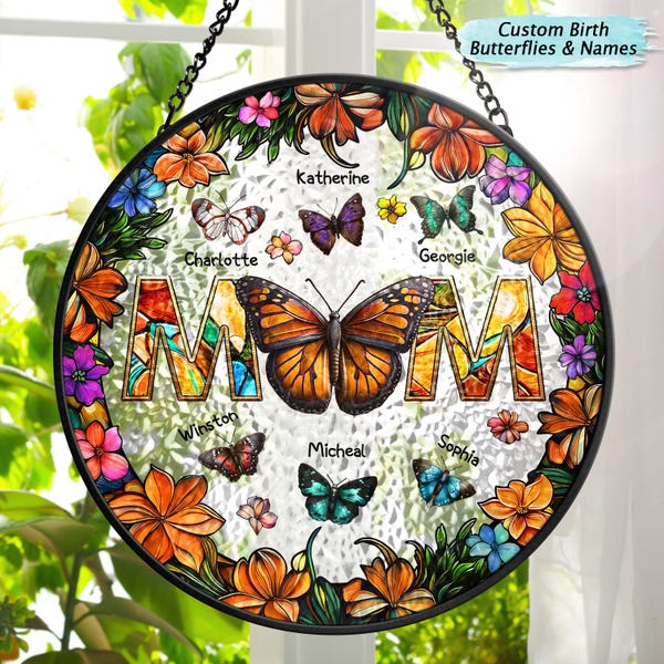 Birth Butterfly We Love You Mom Personalized Stained Glass Window Hanging Suncatcher, Mother's Day Gift, Birth Flower Gifts