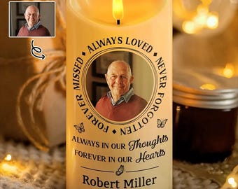 Custom Photo Memorial Always Loved Never Forgotten - Personalized Flameless LED Candle with Picture and Name, Beautiful Sympathy Gift