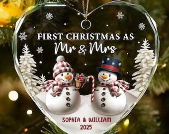First Christmas As Mr & Mrs Snowman, Personalized Heart Shaped Glass Ornament