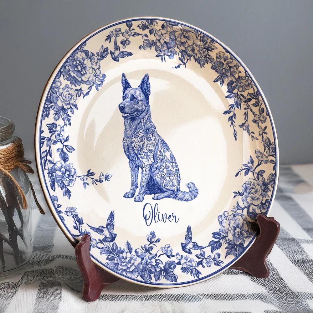 Custom Dog Breeds Chinoiserie Toile De Jouy Style Personalized Ceramic Plate, Gift For Birthday, Family Members, Dog Lovers