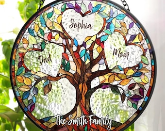 Family Unbreakable Bond Tree Of Life Personalized Stained Glass Window Hanging Suncatcher, Mother's Day Gift, Birth Flower Gifts