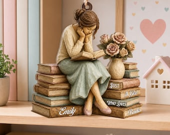 Gepersonaliseerde boekenliefhebber kerstornament, aangepaste naam acryl vakantiedecor voor lezers, Just a Girl Who Loves Books, cadeau voor vrouwen