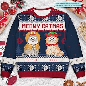 Meowy Catmas grappige cartoon katten, kerstcadeau voor kattenliefhebbers, kattenmoeders, kattenvaders, gepersonaliseerde uniseks lelijke trui, cadeaus grappige katteneigenaren