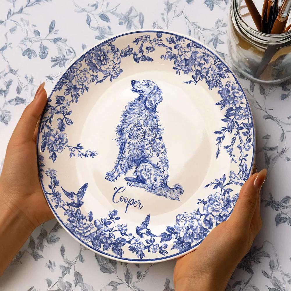Custom Dog Breeds Chinoiserie Toile De Jouy Style Personalized Ceramic Plate, Gift For Birthday, Family Members, Dog Lovers