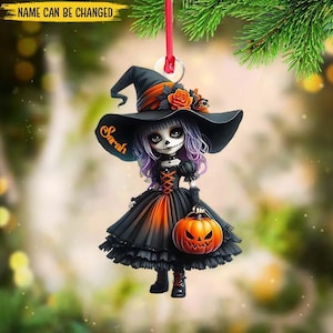 Petite sorcière personnalisée ornement en forme de personnalisé, décoration d'arbre, ornement effrayant de sorcière pour wicca, ornement preppy, cadeau d'ornement 2025