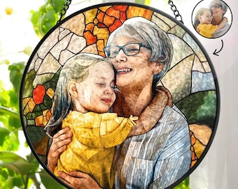 Custom Photo Portrait Mom Grandma Parents Family, Personalized Stained Glass Window Hanging Suncatcher, Sympathy Gift