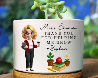 Teacher Thank You For Helping Me Grow - Personalized Ceramic Plant Pot, Gift For Teachers and Plant Lovers