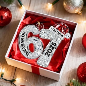 May include: A silver Christmas ornament in a gift box. The ornament is shaped like the number 67 with the text "THE YEAR OF" and the number 7 with the text "2025". A red Santa hat with the name "MATTHEW" is on top of the number 7.