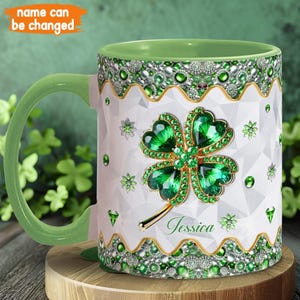 Glückliches vierblättriges Kleeblatt personalisierte St. Patricks Day Akzentbecher, Shamrock-Becher, Shamrock-Geschenke, vierblättriges Kleeblatt, Kaffeetasse, individuelle Geschenke