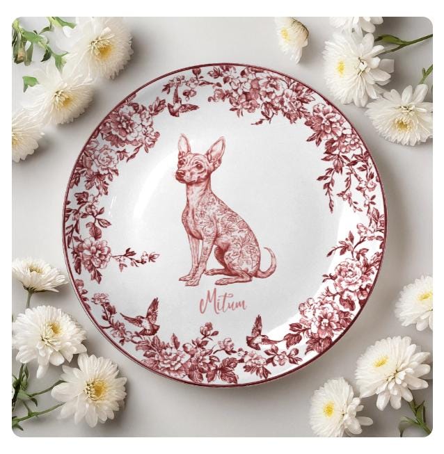 Custom Dog Breeds Chinoiserie Toile De Jouy Style Personalized Ceramic Plate, Gift For Birthday, Family Members, Dog Lovers