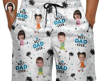 Aangepaste foto Best Dad Ever Kokospalm - Gepersonaliseerde unisex strandshorts, aangepaste unisex zwembroek, grappig vaderdagcadeau