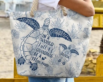 Toile De Jouy World Full Of Grandmas - Personalized Beach Bag, Personalized Beach Bag, Vintage Tote Bag for Her, Custom Grandmother Gift