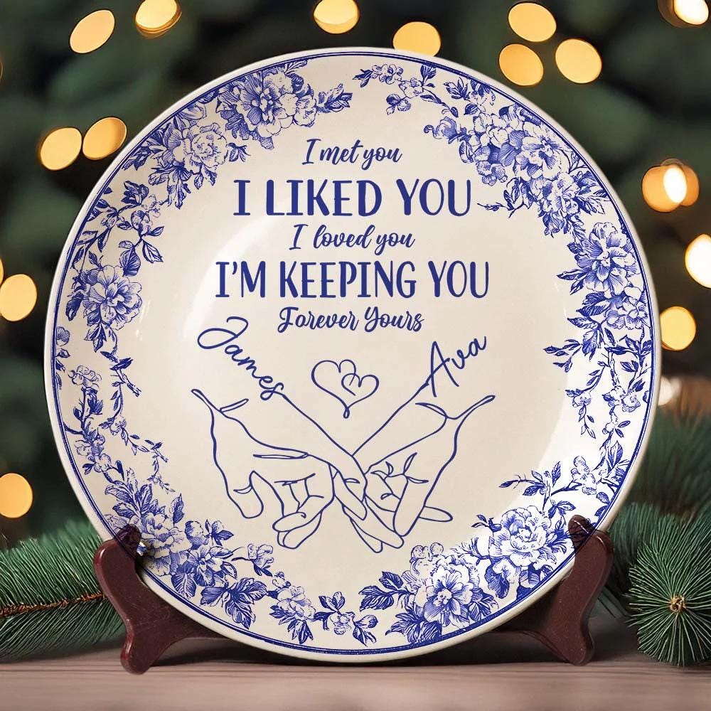 I'm Keeping You Forever Chinoiserie Toile De Jouy Style Couple Personalized Ceramic Plate Gift For Husband Wife, Anniversary, Custom Plate