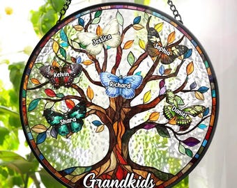 Butterfly Grandkids Tree, Personalized Stained Glass Window Hanging Suncatcher, Mother's Day Gift, Birth Flower Gifts