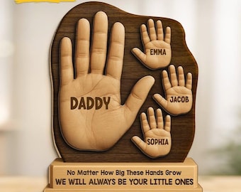 No Matter The Size, We’re Always Yours - Family Personalized Custom Shaped 2-Layered Wooden Plaque With Flat Stand - Father's Day