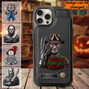 May include: Black leather phone case with a 3D image of Freddy Krueger wearing a hat and metal claws. The case includes a card slot and the name "DAVID" is embossed at the bottom. The text "Design can be changed" is in the upper right corner. Additional horror movie character images are on the left.