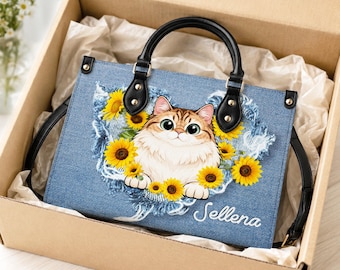 Personalized Cat Clipart Leather Handbag For Women, Custom Pet Portrait Tote Bag, Cat PU Leather Bag, Cat Mom Gift, Cat Gift 2026