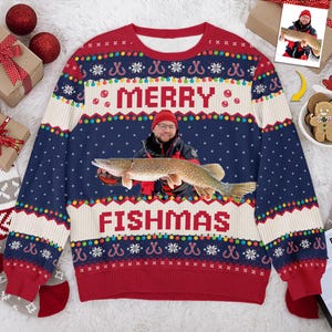 Kundenspezifisches Foto-Fischer-Fischen Personalisiertes benutzerdefiniertes hässliches Sweatshirt, lustige Weihnachtspullover, Foto-Geschenk für Fischliebhaber, frohe Fishmas