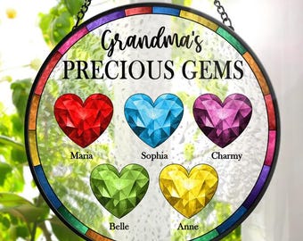 Birthstone Grandma's Precious Gem Personalized Stained Glass Window Hanging Suncatcher, Mother's Day Gift, Birth Flower Gifts