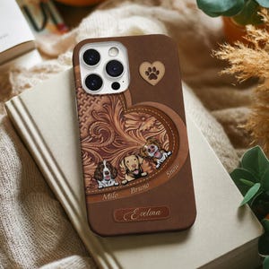 Personalisierte Handyhülle mit Hunde-Chibi-Motiv, personalisierte iPhone-Lederhülle, Erinnerungsgeschenk mit Hundenamen, Handyhülle mit individuellem Namen, Geschenk für Hundeliebhaber