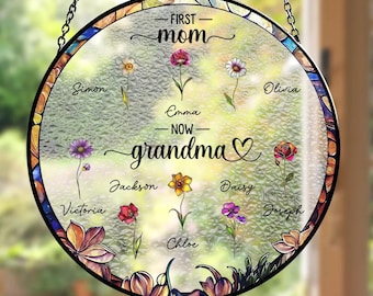First Mom Now Grandma Personalized Stained Glass Window Hanging Suncatcher, Mother Day Gift, First Mom Now Grandma Gift, Mom Birthday Gift