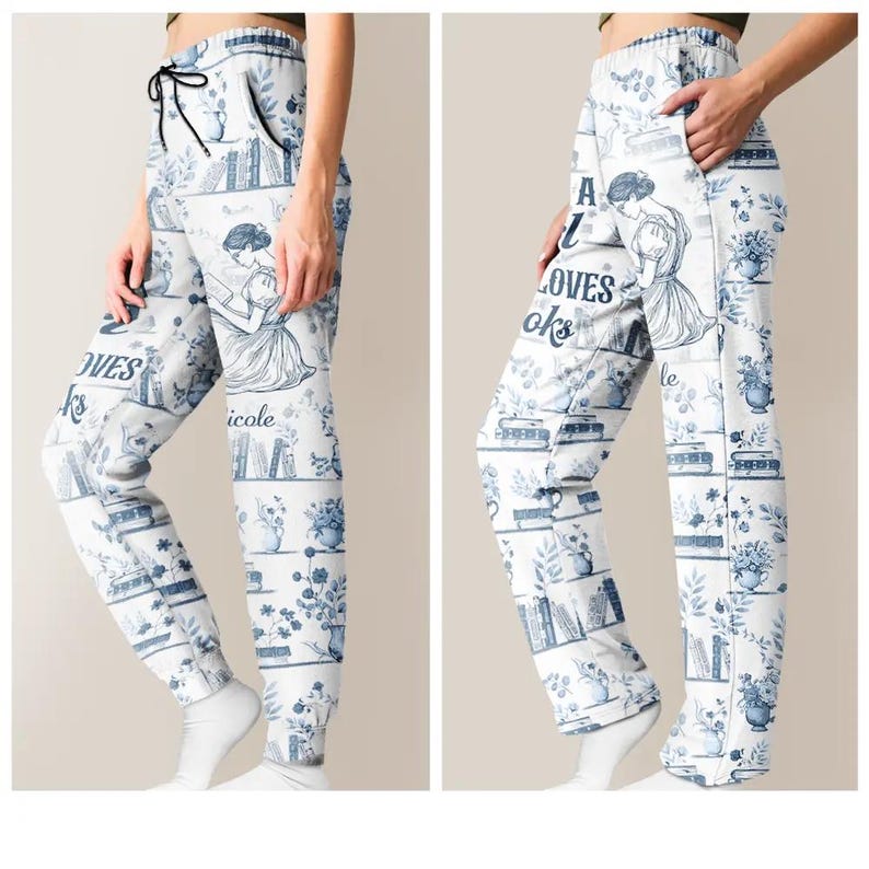 Chinoiserie Toile Bara en tjej som älskar böcker - Personliga pyjamasbyxor, pyjamasbyxor med böcker, present till bokälskare, present till vänner bild 4