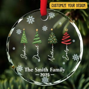 May include: A clear, round Christmas ornament with a red ribbon. The ornament features four Christmas trees, each with a different design, and the names Sophia, Daniel, Nathan, and Evelyn. The text "The Smith Family - 2025" is also included.