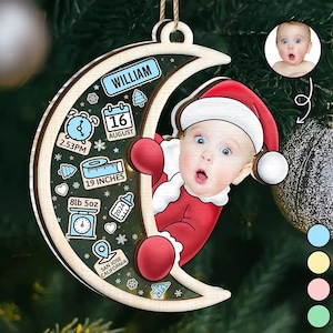Adorno navideño personalizado de 2 capas con foto personalizada y estadísticas de nacimiento de bebé, adorno para el primer bebé de Navidad 2024, regalos de recuerdo para bebé