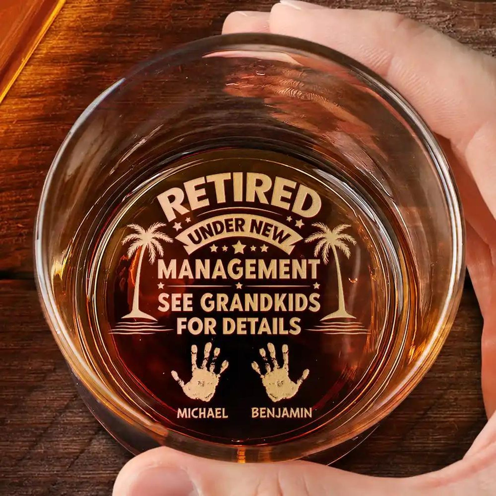 Retirement Glass Retired Under New Management Handprints - Personalized Engraved Whiskey ...