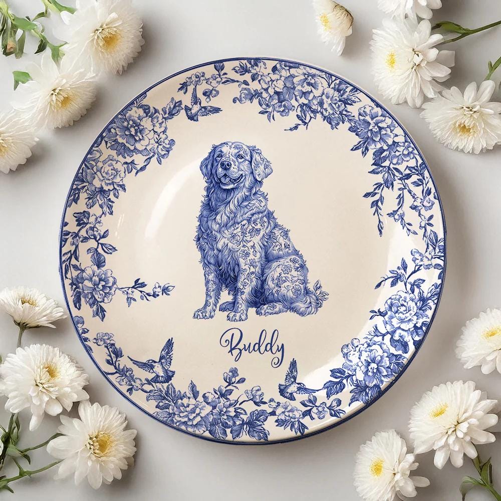 Custom Dog Breeds Chinoiserie Toile De Jouy Style Personalized Ceramic Plate, Gift For Birthday, Family Members, Dog Lovers