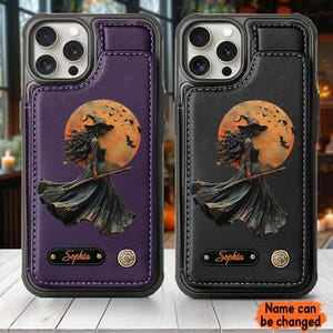 May include: Two phone cases, one purple and one black, each featuring a witch design against a full moon with bats. The cases have a leather-like texture and include the name "Sophia" and the text "Name can be changed".