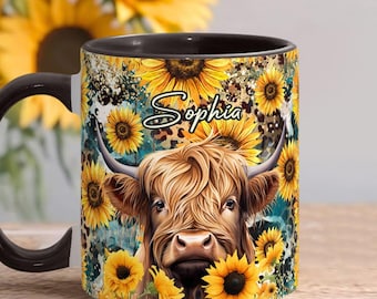 Highland Cow Among Sunflowers Personalized Accent Mug, Personalized Highland Cow Coffee Mug, Cute Highland Cow Mug, Custom Gifts 2025