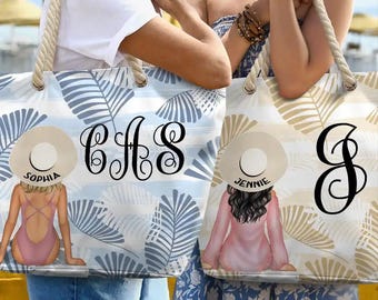 Vine Monogram Girls Beach Trip - Personalized Beach Bag, Summer Gift For Women, Custom Beach Bag, Personalized Bag, Personalized Tote