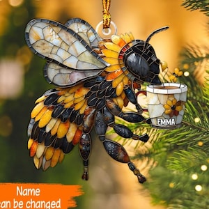 Liefdesbijen gepersonaliseerde bij op maat gevormd ornament, kersthoningbij hangend ornament voor bijenliefhebber, magisch glaseffectornament