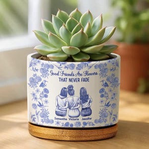 Könnte beinhalten: Eine Sukkulentenpflanze in einem weißen Keramiktopf mit blauem Blumendesign und dem Text "Good Friends Are Flowers That Never Fade". Der Topf zeigt eine Illustration von drei Freundinnen und einen Holzsockel.