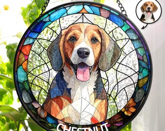 Custom Photo Portrait Dog Cat Family Personalized Stained Glass Window Hanging Suncatcher, Pet Loss Gift, In Loving Memory Suncatcher