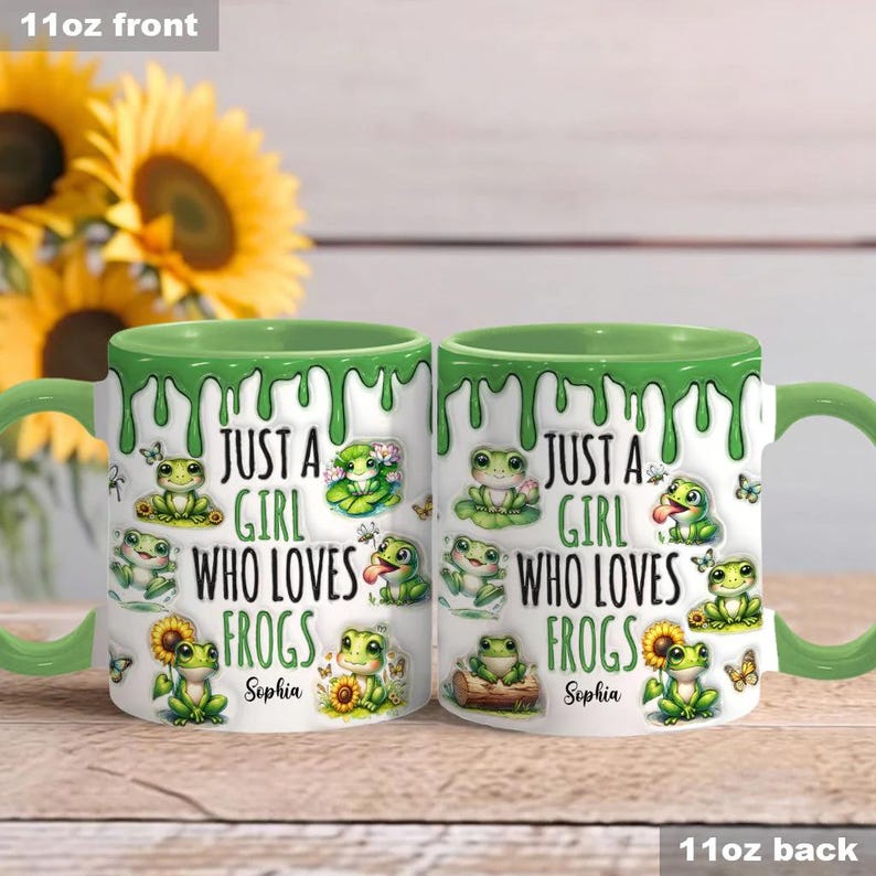 May include: A white ceramic mug with a green rim and a green dripping design. The mug features a cartoon frog design and the text "Just a girl who loves frogs". The mug is personalized with the name "Sophia".