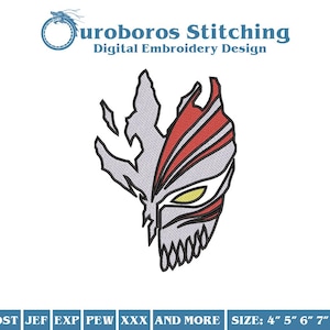 May include: A digital embroidery design of a red and white mask with a yellow eye. The mask is in the style of a character from the anime Bleach. The design is available in multiple formats, including PES, DST, JEF, EXP, PEW, and XXX. The design is available in sizes 4", 5", 6", and 7".