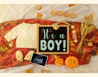 May include: A black letter board with the text "It's a BOY!" in white letters with a light blue accent. The board is surrounded by fall-themed decorations, including a white onesie, a baby rattle, a pair of booties, a sonogram image, and two small pumpkins.