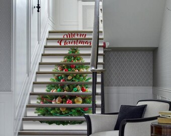Christmas Tree White background stair riser stickers, Merry Christmas stair decals, peel and stick stair risers living room decals Removable