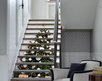 Christmas Tree White background stair riser stickers, white Christmas stairs, peel and stick stair risers living room decals Removable